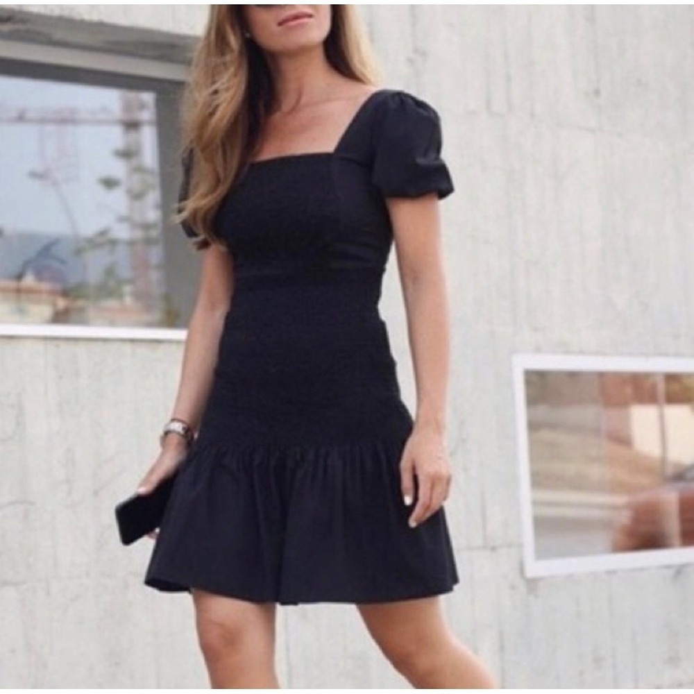 ZARA Black Smocked Puff Sleeve Square Neck Mini Dress Size S